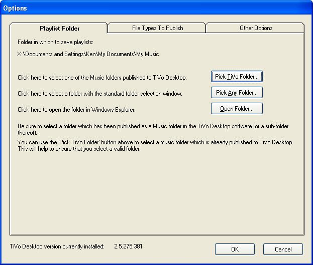 Options window (Playlist Folder tab) screenshot